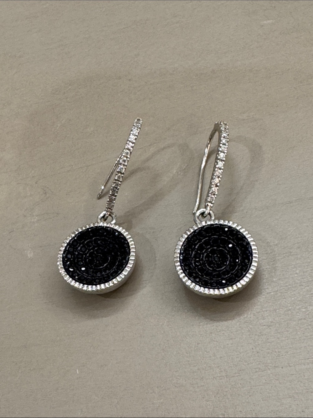 Silver-Tone Drop Earrings with Black Round Enamel Medallions